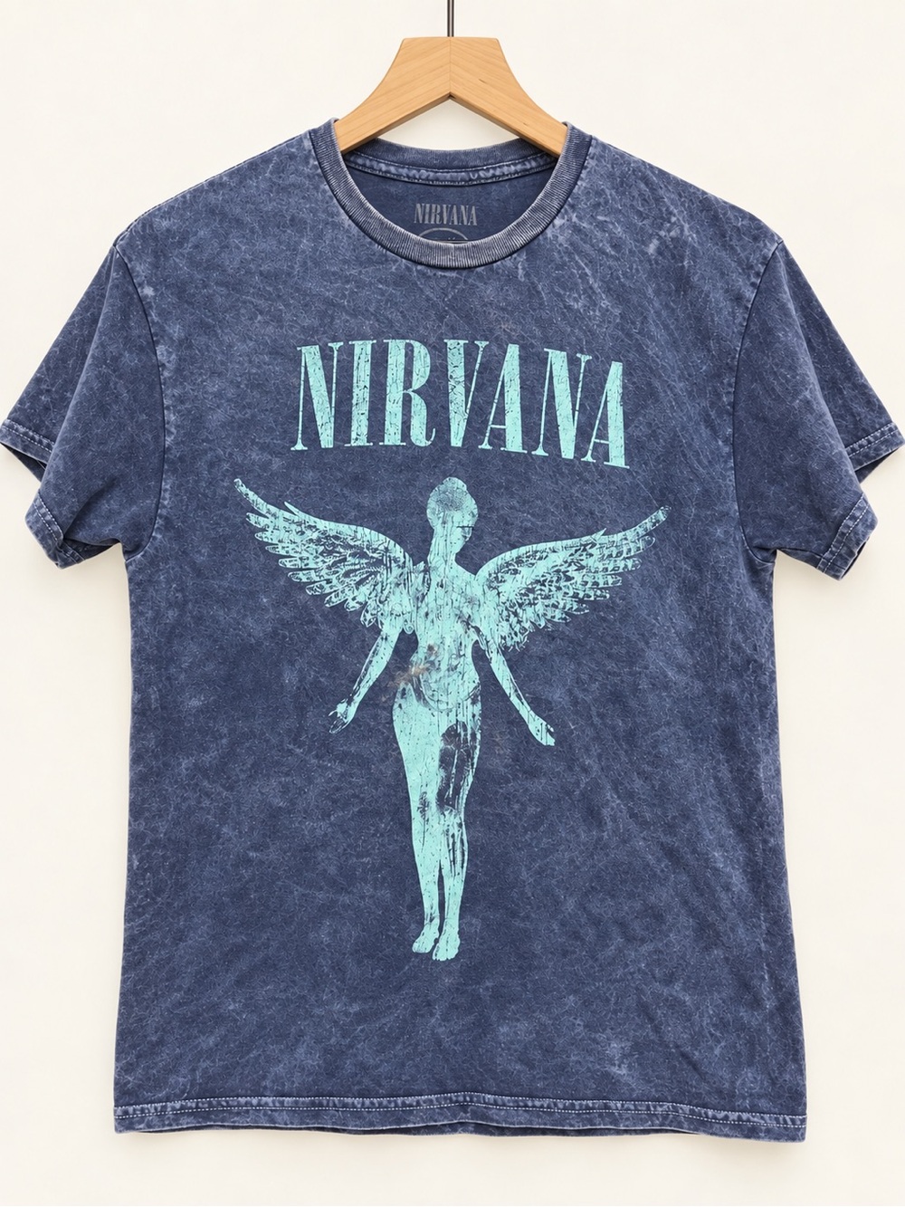 NIRVANA Blue Mineral Wash Tee with Mint Angel Graphic